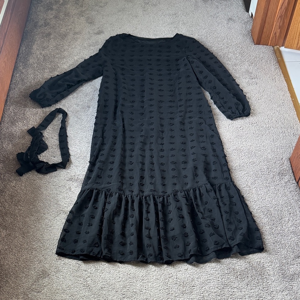 Black Swiss Dot Chiffon Ruffle Hem Midi Dress Sheer Overlay Tie Waist SIZE M